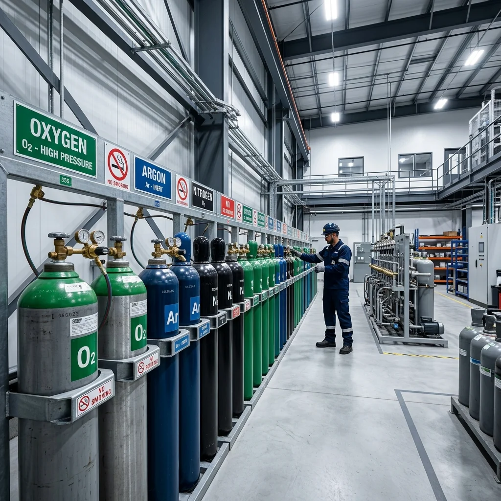 Industrial gas cylinders including oxygen, argon, and nitrogen cylinders arranged in a professional supply facility in Sri Lanka — Gass.lk